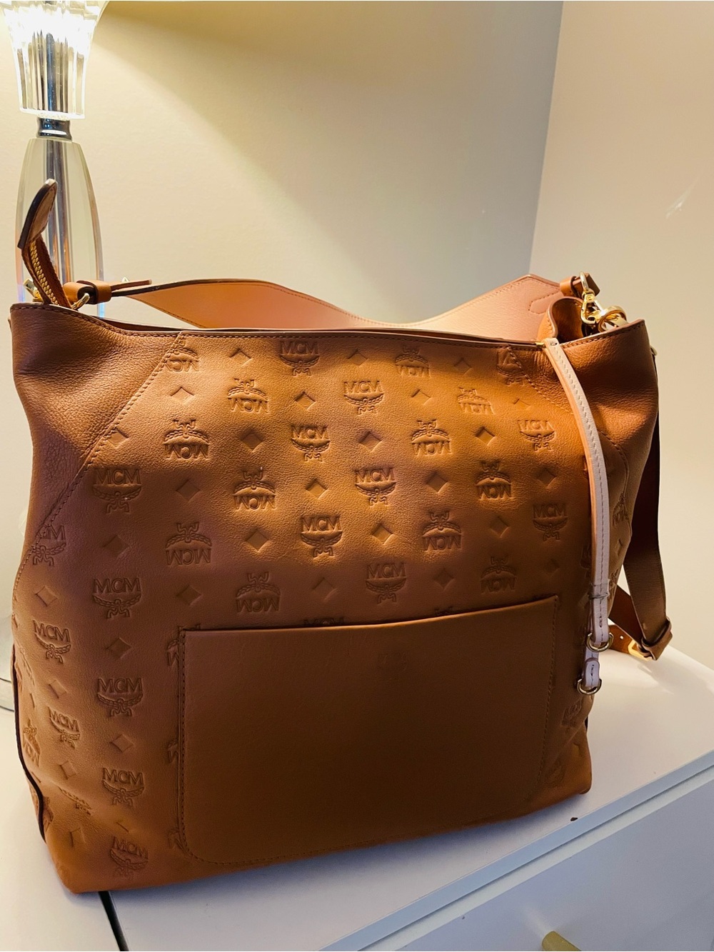 MCM Cognac Embossed Leather Shoulder Bag - Picture 8 of 11